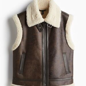 H&M Brown Faux-Leather Shearling Vest with Cream Collar